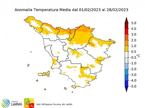 Le temperature anomale di Febbraio (Fonte: Lamma)
