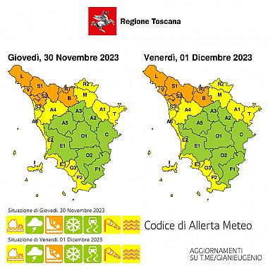 La mappa dell'allerta della Regione Toscana