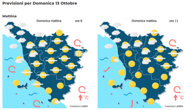 mappa Le previsioni meteo del consorzio Lamma per domenica 13 Ottobre