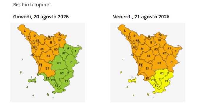 La mappa dell'allerta temporali della Regione Toscana
