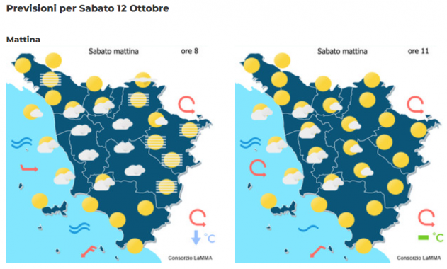 mappa Le previsioni meteo del consorzio Lamma per sabato 12 Ottobre