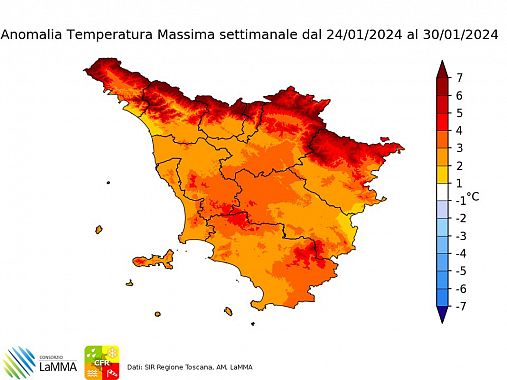 La mappa dell'anomalia termica nell'ultima settimana di Gennaio